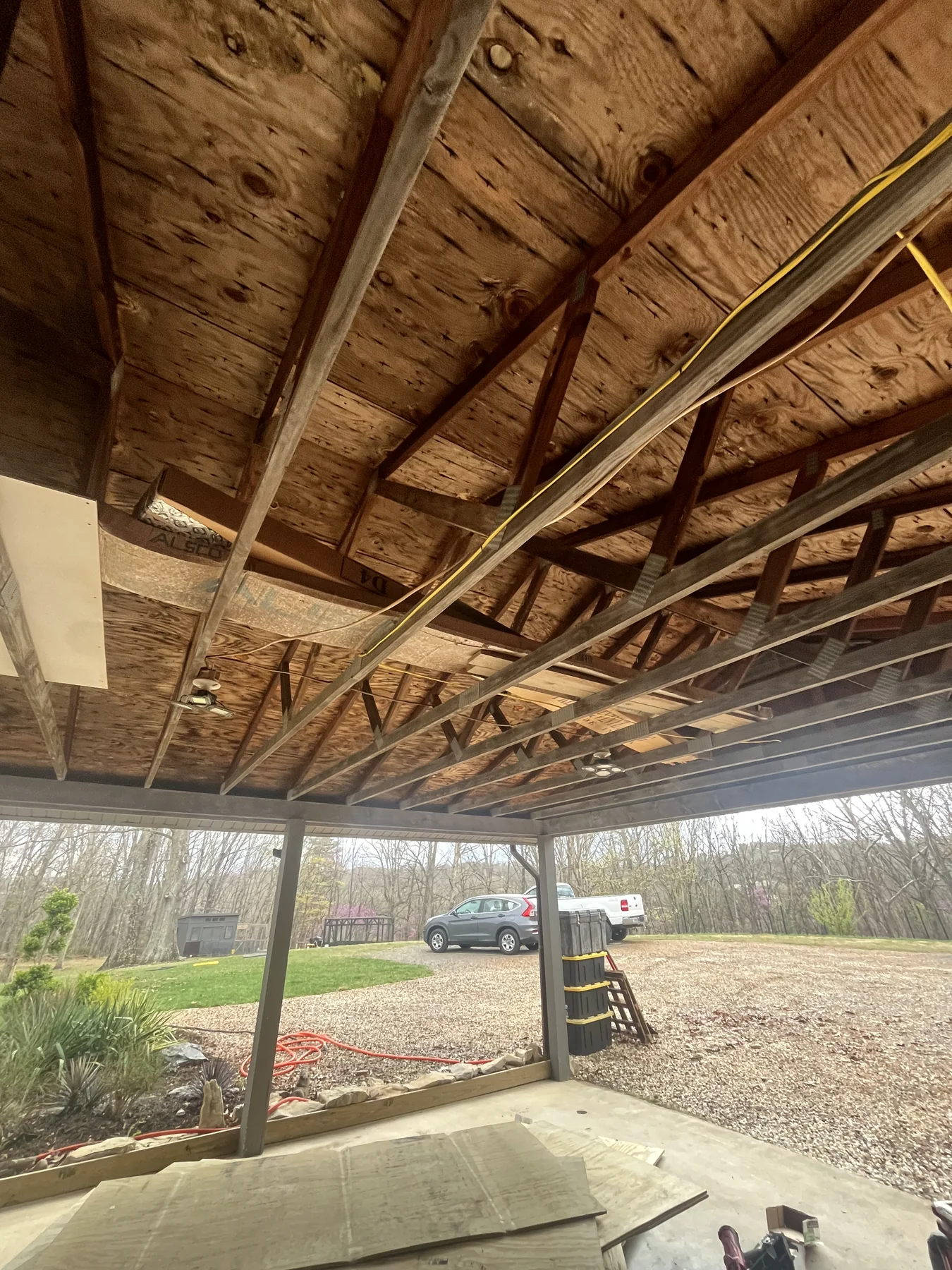 Open framing before outdoor ceiling work